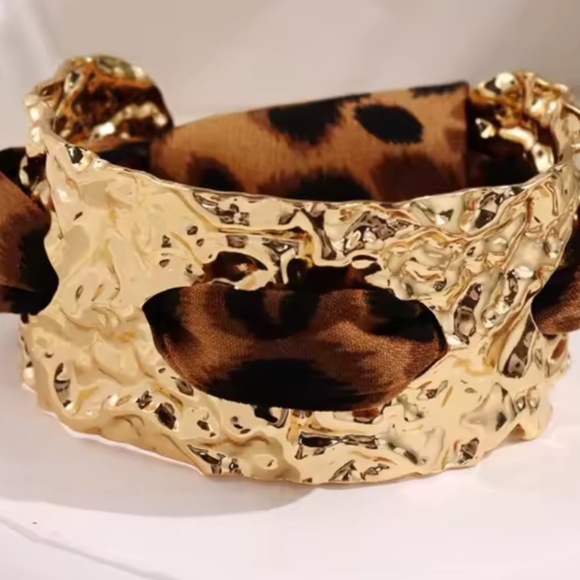 Leopard Print Gold Cuff Bracelet – Wild Animal Pattern Statement Jewelry - Picture 1 of 6